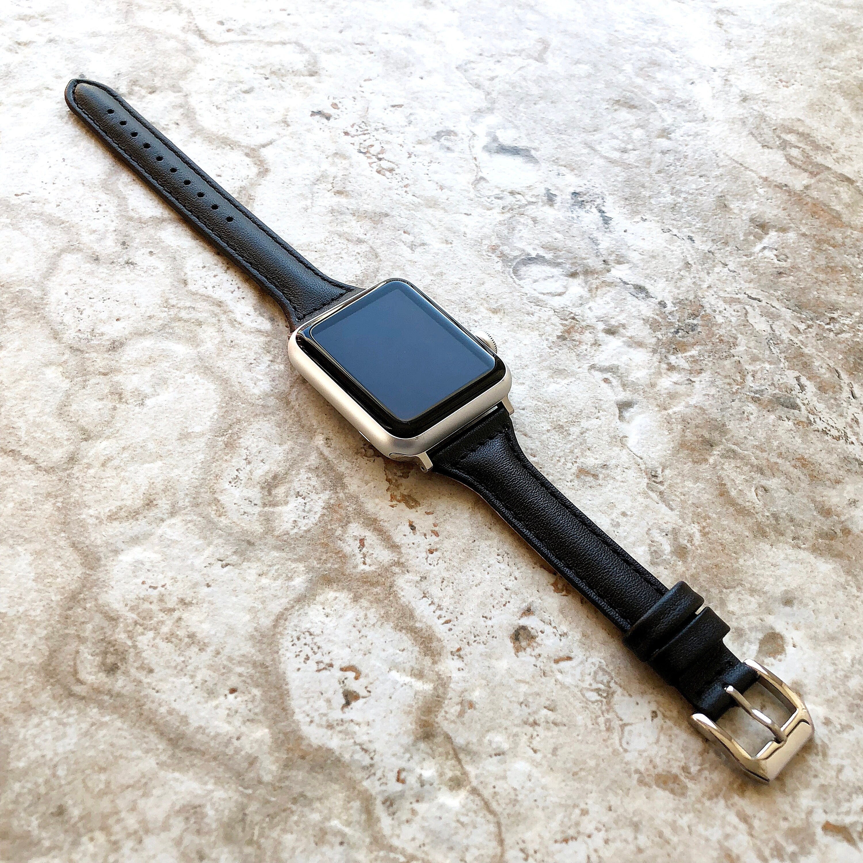 Apple Black Color Band for iWatch All Series All Models 38mm 40mm 41mm 42mm 44mm 45mm 49mm Slim Elegant Soft Leather Straps Bracelet